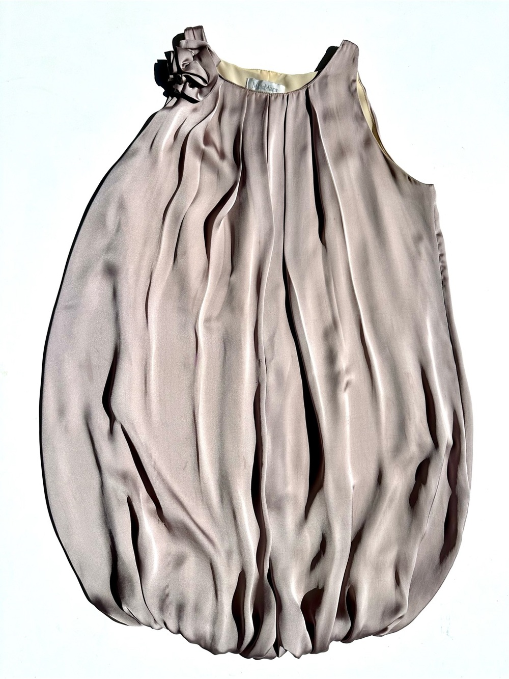 100% Silk Sleeveless Pleated Bubble Hem Dress in Blush Pink, Flower Broach, 4